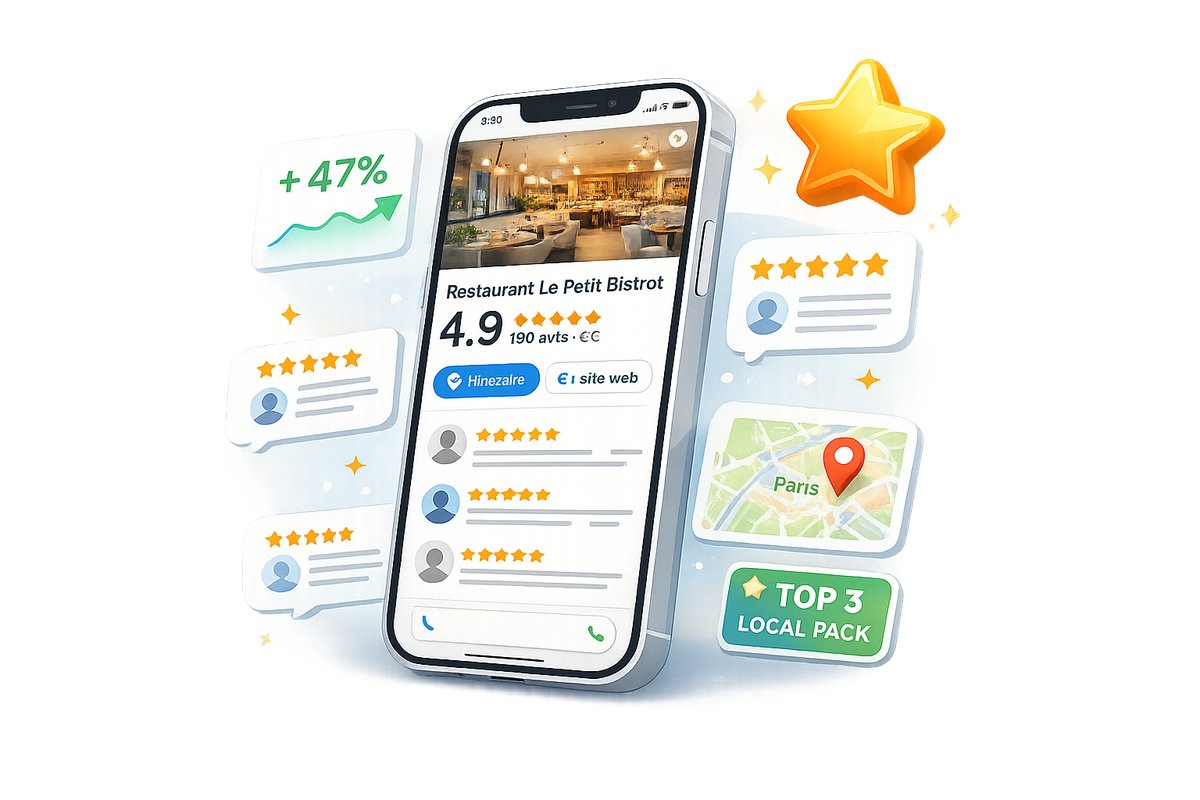 Mockup smartphone affichant une fiche Google Business Profile parfaite avec note 4.9 étoiles, 156 avis et badge Top 3 Local Pack